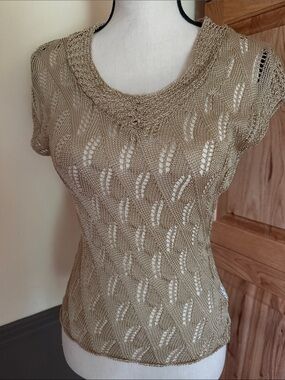 Worthington Open-Knit Short Sleeve Top — Tan